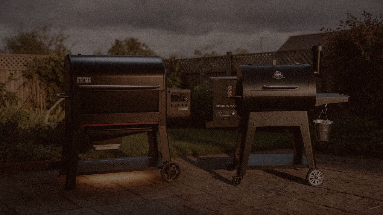 Weber Searwood XL 600 and Pit Boss Navigator 850 at night with smoke, wood pellet grills on a dark patio