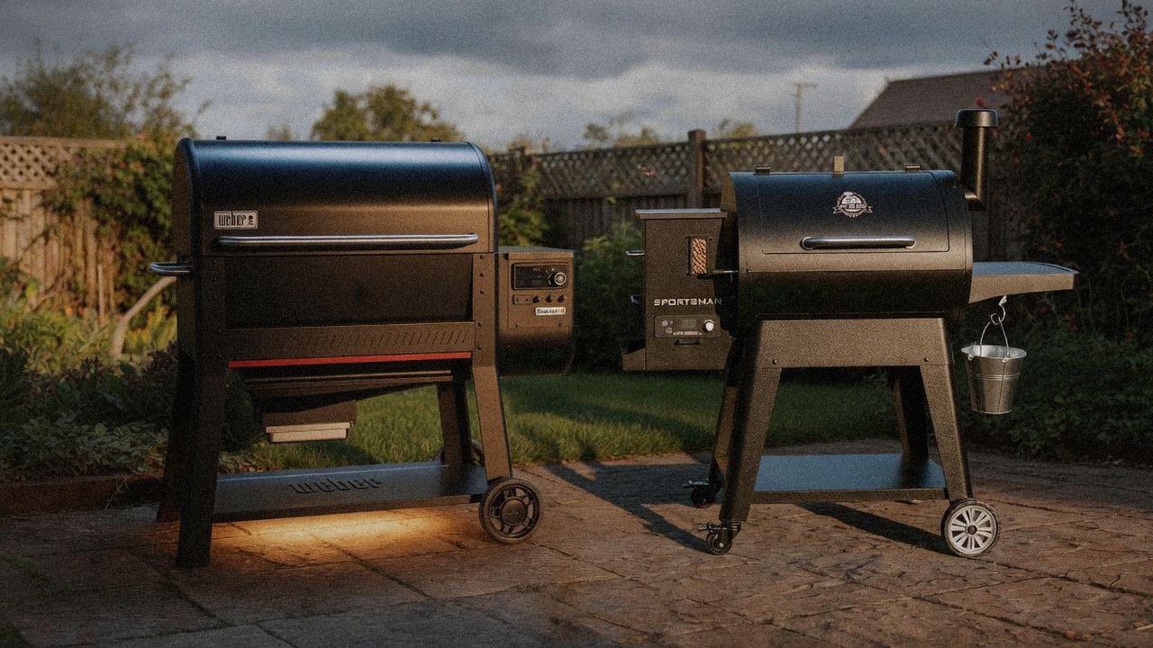 Weber Searwood XL 600 beside Pit Boss Navigator 850, editorial product photography