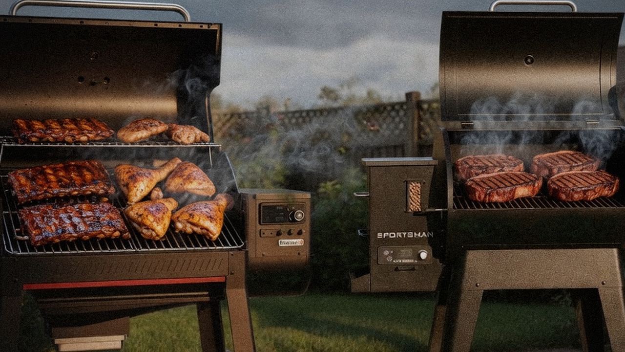 Searing and grate view: Weber Searwood XL 600 next to Pit Boss Navigator 850
