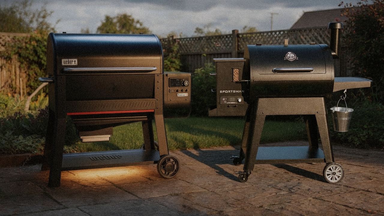 Weber Searwood XL 600 standing next to Pit Boss Navigator 850, showing the size and price-tier gap