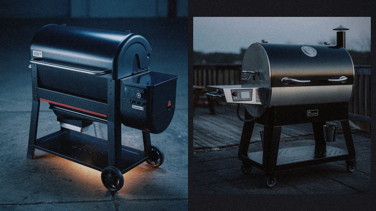 Weber Searwood XL 600 beside recteq Bullseye Deluxe, editorial product photography