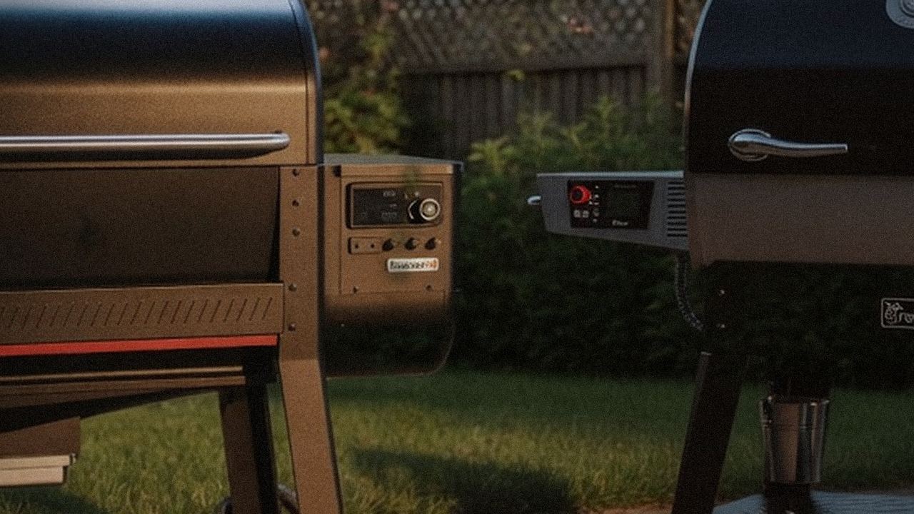 Close comparison of the Weber Searwood XL hopper controller next to the recteq Flagship 1600 side controller