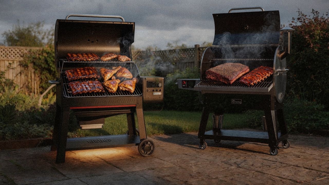 Burgers, sausages and corn on a Weber Searwood XL grate next to the larger recteq Flagship 1600 wood pellet grill