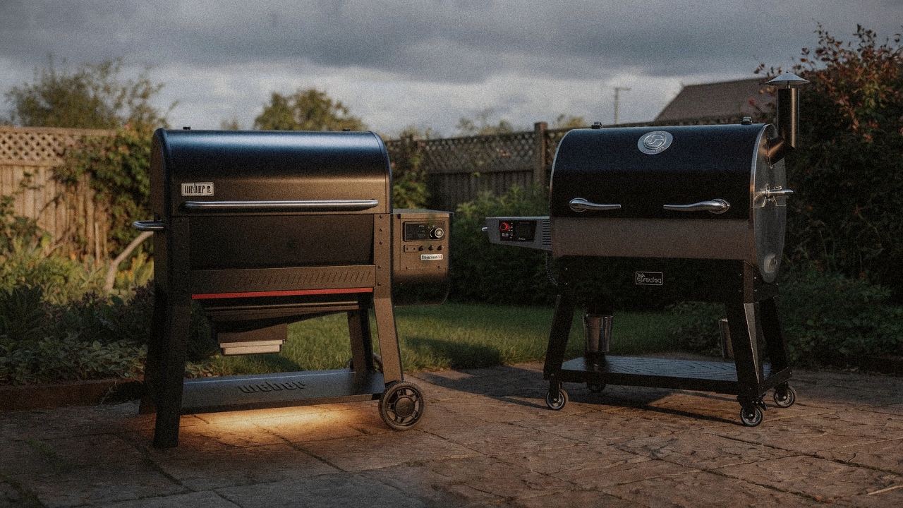 Scoreboard of Weber Searwood XL vs recteq Flagship 1600 fights: sear, hopper, cooking area, price per square inch, and temperature hold