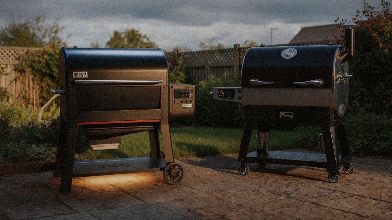 Weber Searwood XL 600 beside recteq Flagship 1600, editorial product photography on a dark steel panel