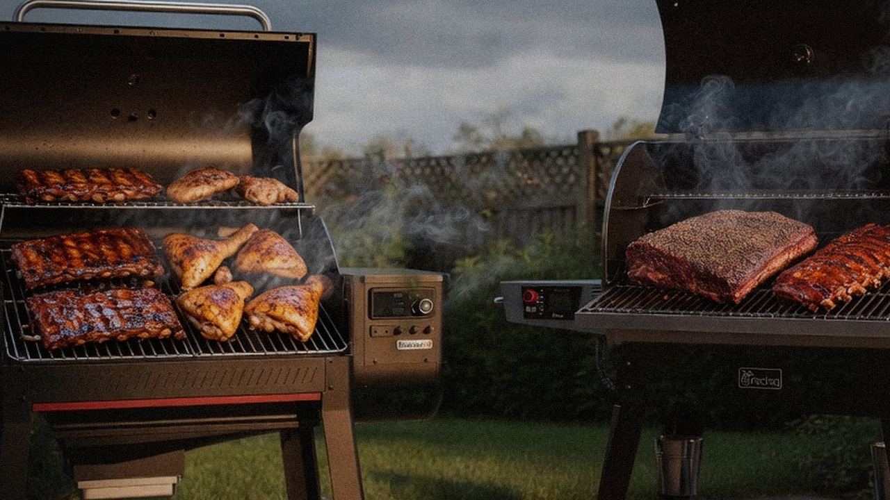 Weber Searwood XL barrel and hopper beside the larger recteq Flagship 1600, the two wood pellet grills in this searing fight