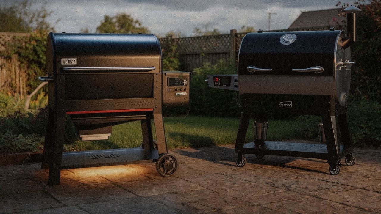 Weber Searwood XL standing next to the larger recteq Flagship 1600, showing the size and price-tier gap