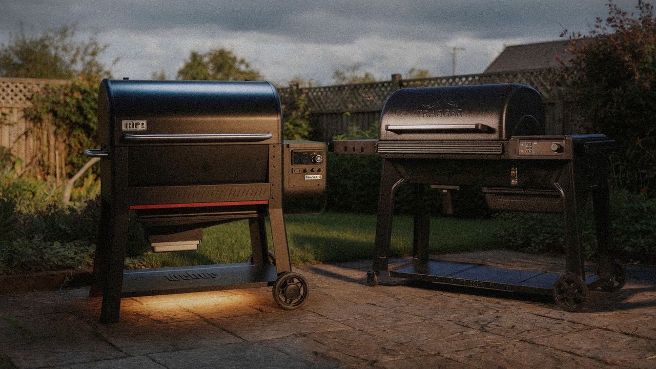 Weber Searwood XL 600 beside Traeger Ironwood, editorial product photography