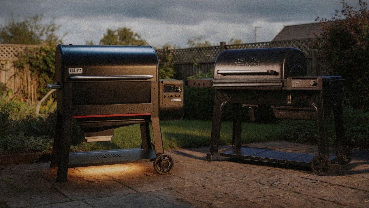 Weber Searwood XL 600 beside Traeger Pro 780, editorial product photography