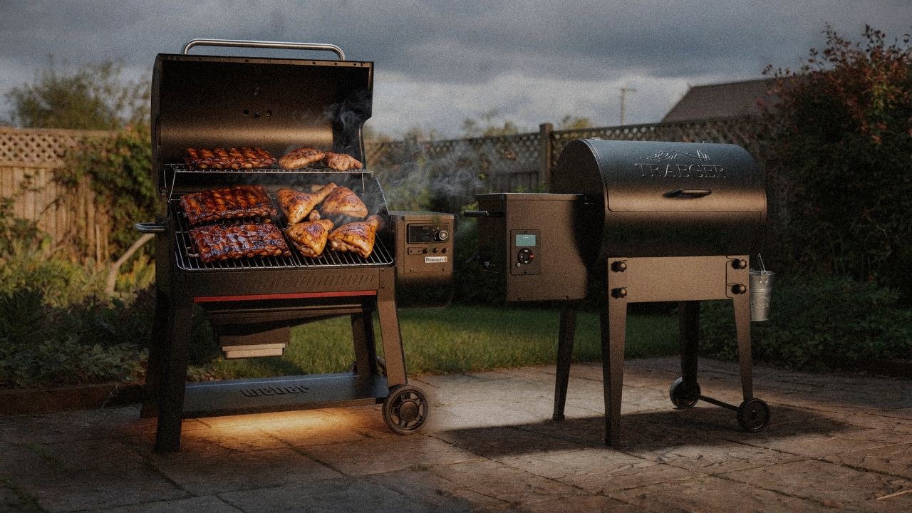 Weber Searwood XL 600 cooking next to Traeger Tailgater 20, wood pellet grills on the same patio