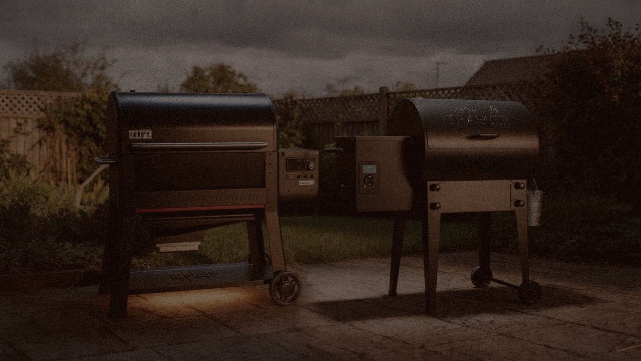 Weber Searwood XL 600 and Traeger Tailgater 20 at night with smoke, wood pellet grills on a dark patio