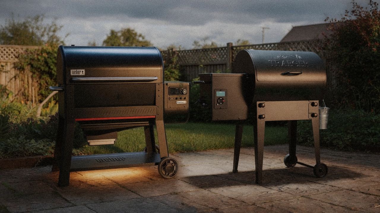 Weber Searwood XL 600 beside Traeger Tailgater 20, editorial product photography