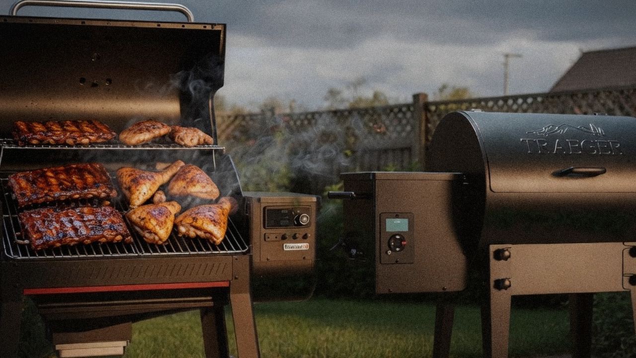 Searing and grate view: Weber Searwood XL 600 next to Traeger Tailgater 20