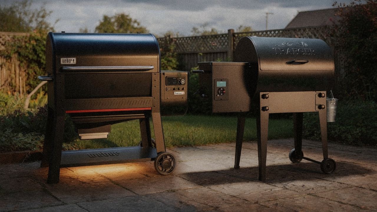 Weber Searwood XL 600 standing next to Traeger Tailgater 20, showing the size and price-tier gap