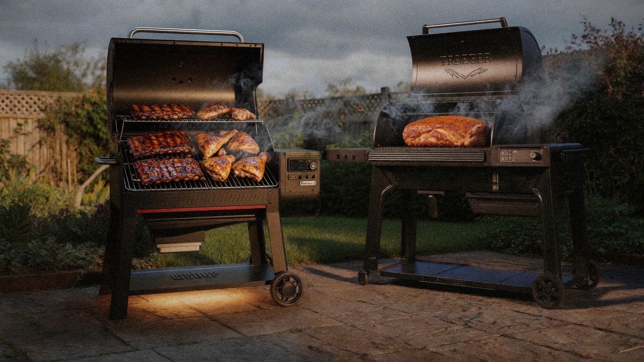 Weber Searwood XL 600 cooking next to Traeger Timberline, wood pellet grills on the same patio