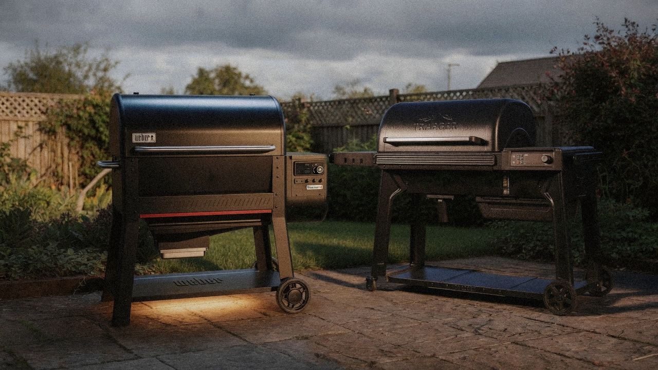 Morning patio with the Weber Searwood XL 600 and the Traeger Timberline, unboxing-day mood