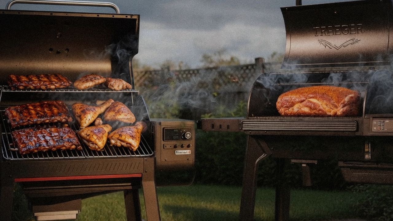 Searing and grate view: Weber Searwood XL 600 next to Traeger Timberline