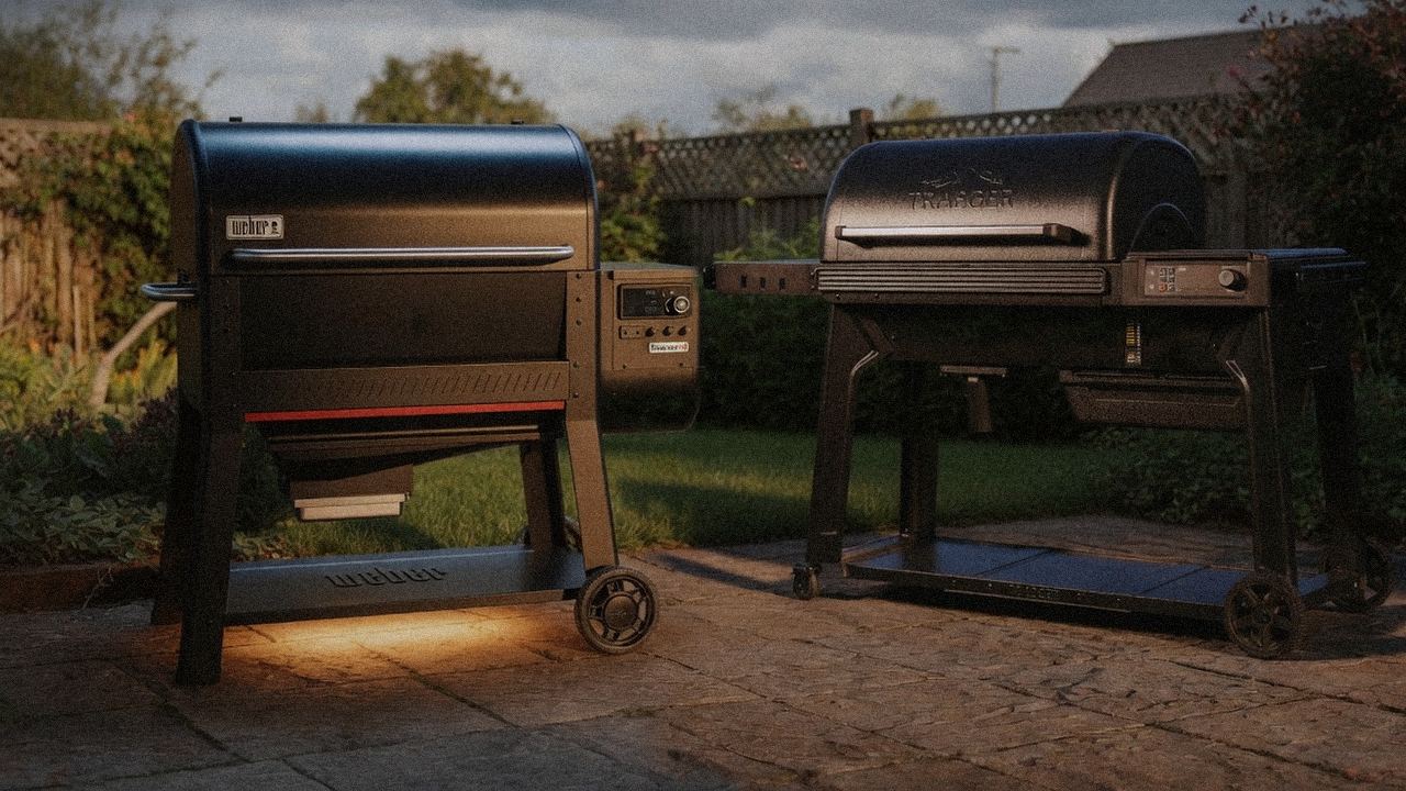 Weber Searwood XL 600 standing next to Traeger Timberline, showing the size and price-tier gap