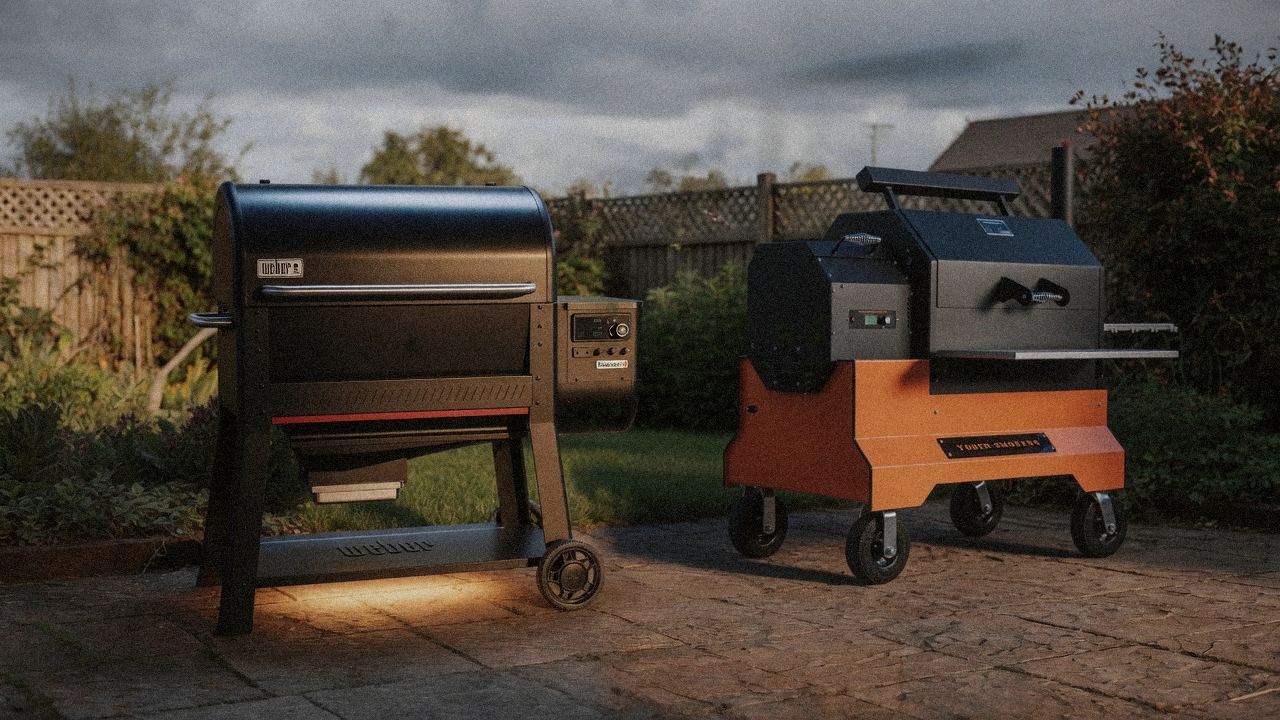 Morning patio with the Weber Searwood XL 600 and the Yoder Smokers YS640s, unboxing-day mood