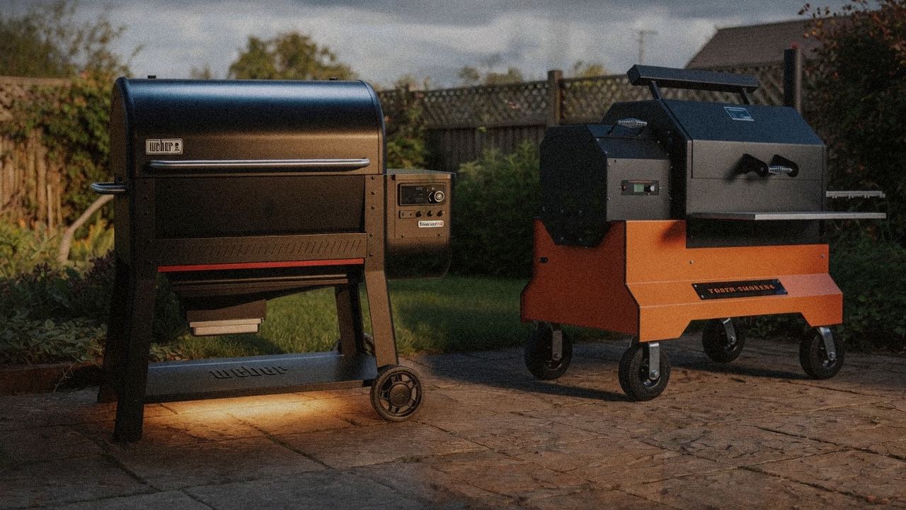 Weber Searwood XL 600 standing next to Yoder Smokers YS640s, showing the size and price-tier gap