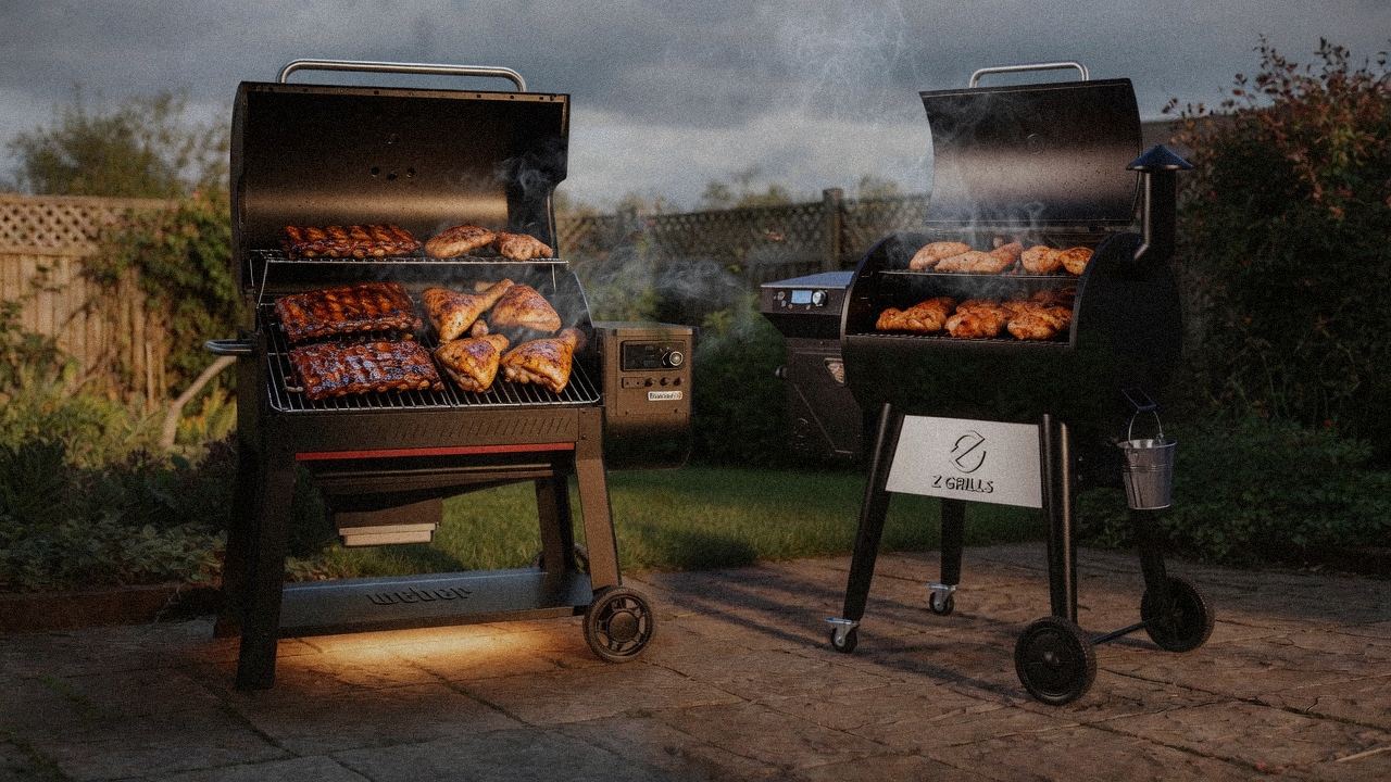 Weber Searwood XL 600 cooking next to Z Grills 700 Series (ZPG-7002), wood pellet grills on the same patio