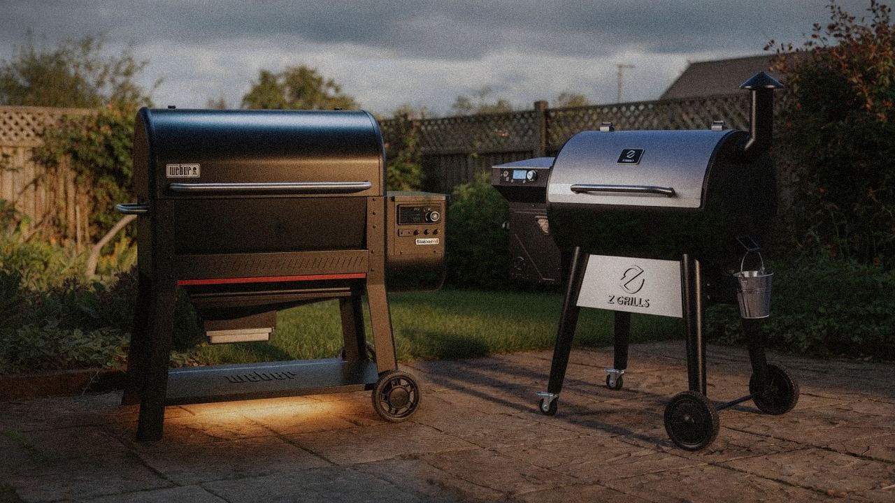 Weber Searwood XL 600 beside Z Grills 700 Series (ZPG-7002), editorial product photography