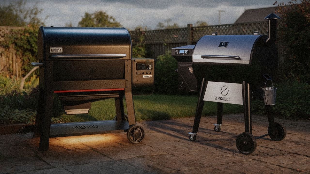 Weber Searwood XL 600 standing next to Z Grills 700 Series (ZPG-7002), showing the size and price-tier gap