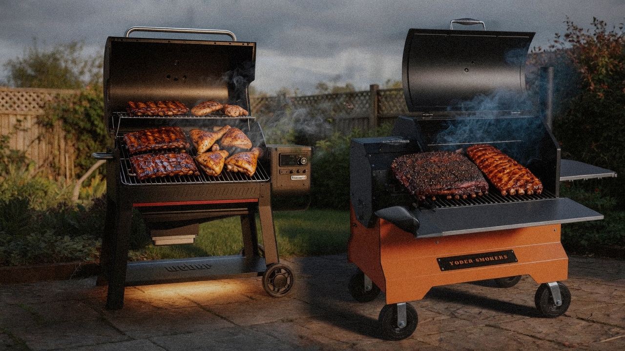 Weber Searwood XL 600 beside Yoder YS640s, official product photography on a dark steel panel