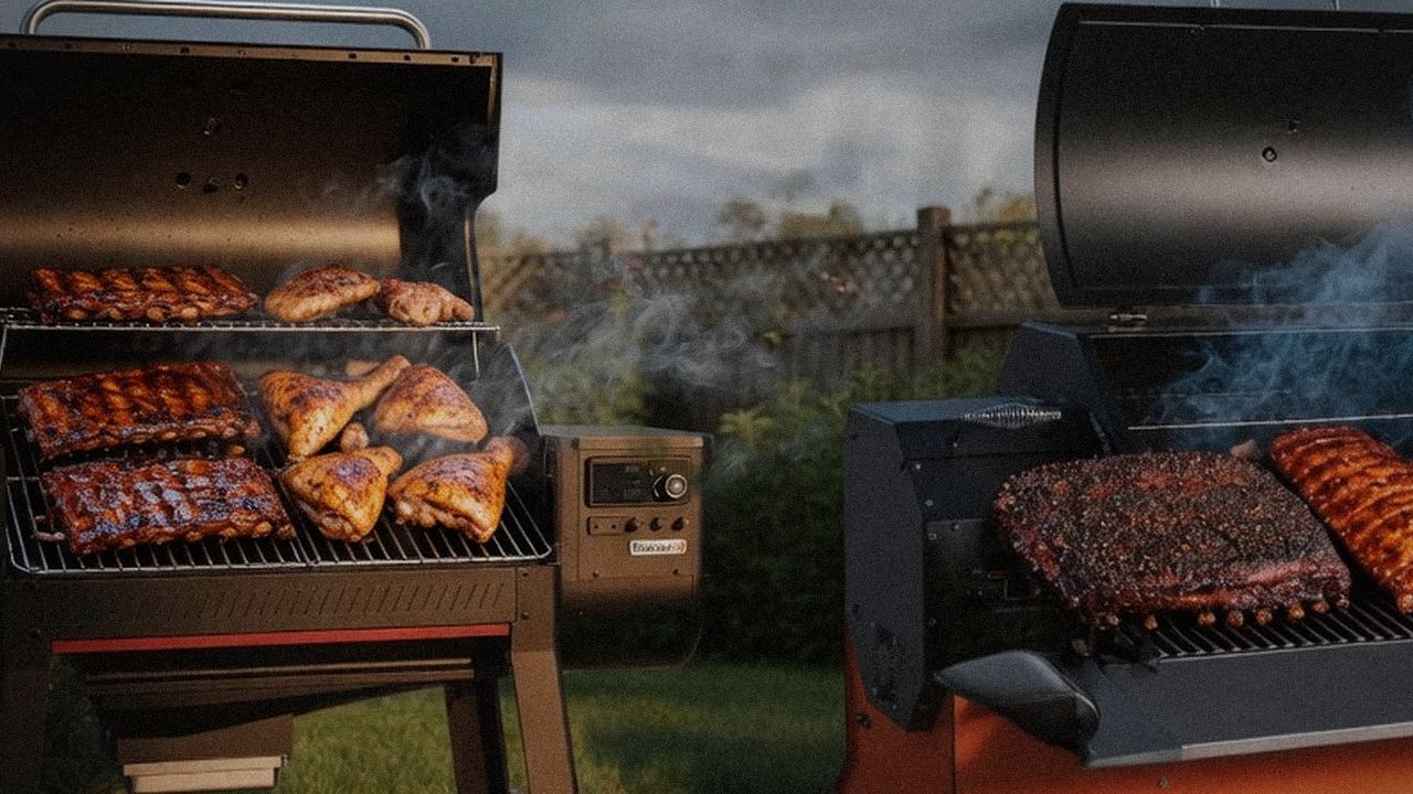 Weber Searwood XL 600 beside Yoder YS640s, official product photography on a dark steel panel