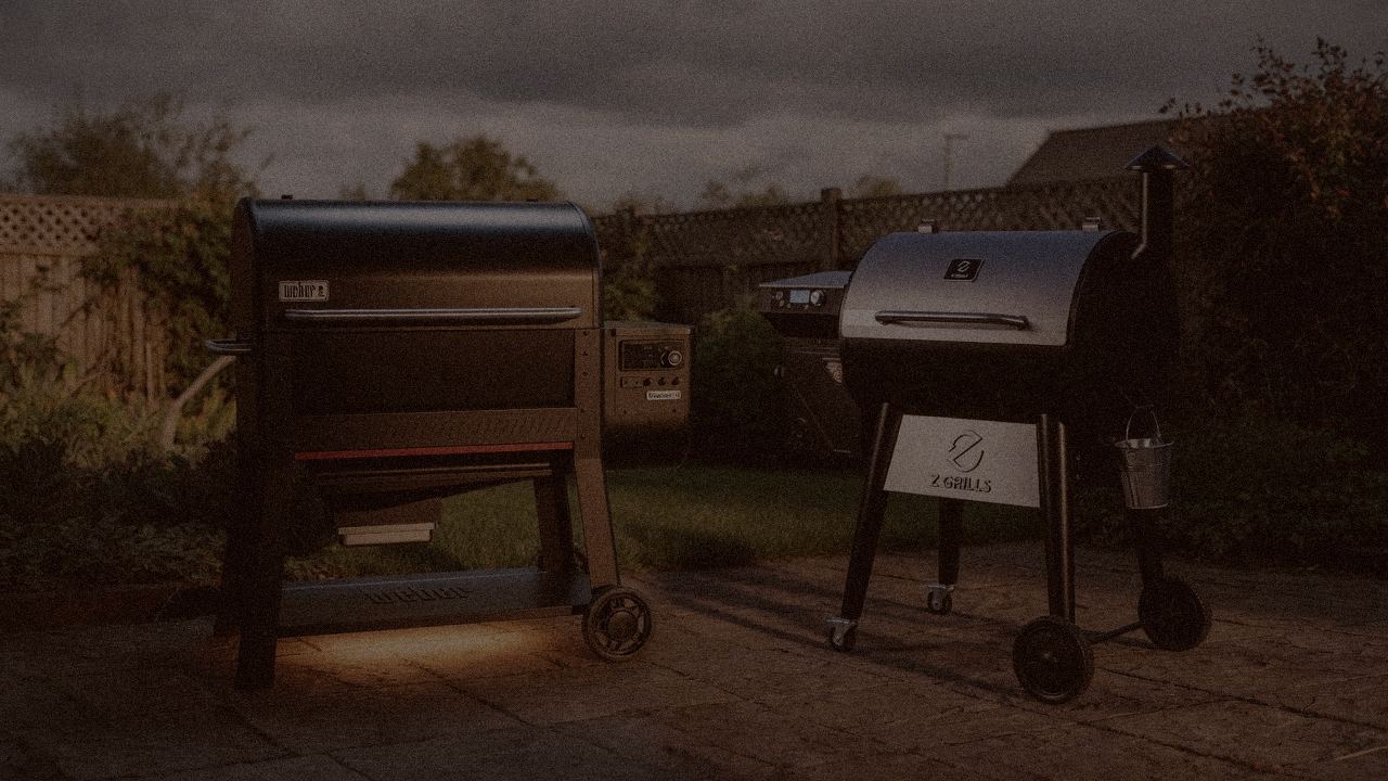 Weber Searwood XL 600 beside Z Grills 700 Series, official product photography on a dark steel panel