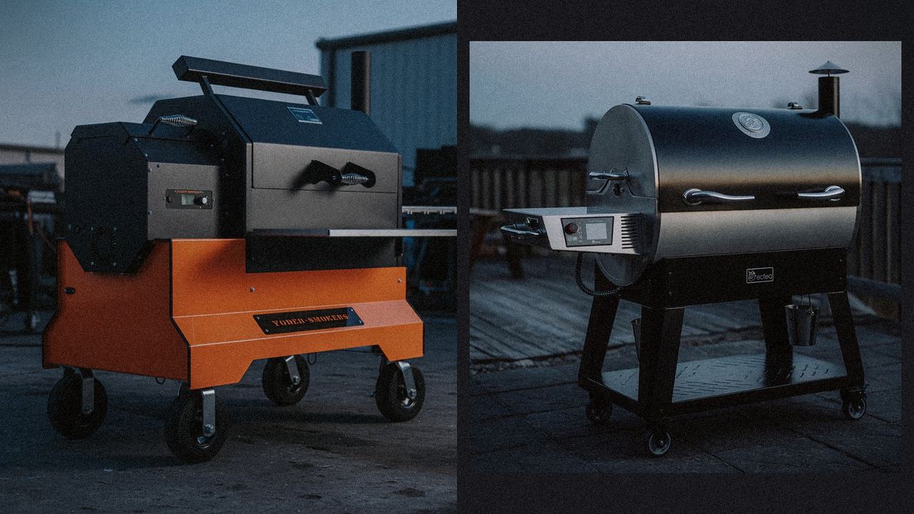 Yoder Smokers YS640s beside recteq Bullseye Deluxe, editorial product photography