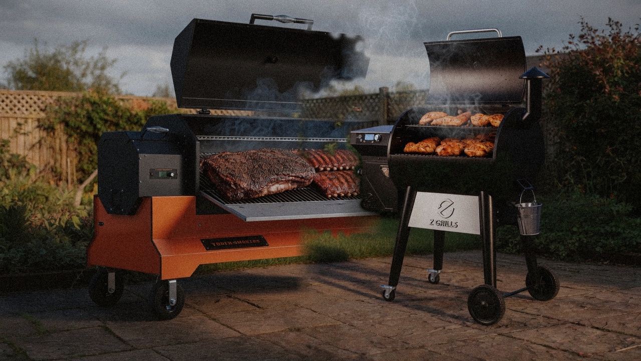 Yoder Smokers YS640s cooking next to Z Grills 700 Series (ZPG-7002), wood pellet grills on the same patio