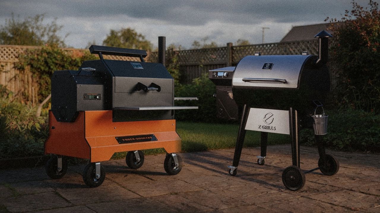 Yoder Smokers YS640s beside Z Grills 700 Series (ZPG-7002), editorial product photography