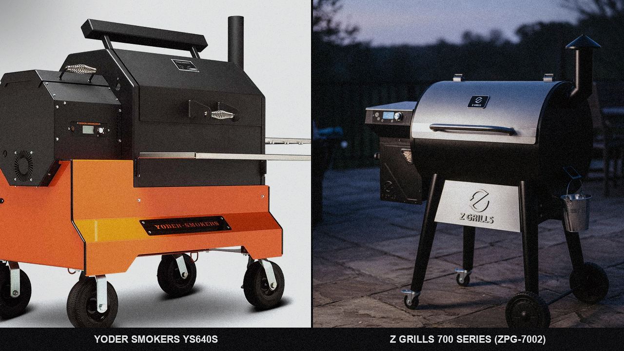 Yoder Smokers YS640s standing next to Z Grills 700 Series (ZPG-7002), showing the size and price-tier gap
