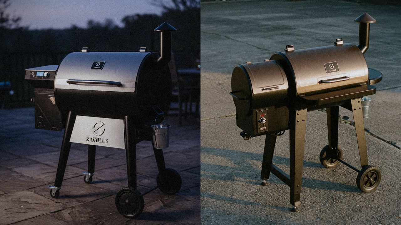 Z Grills 700 Series (ZPG-7002) beside Z Grills ZPG-450A, editorial product photography