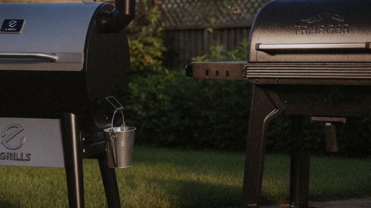 Z Grills 700 Series beside Traeger Woodridge Pro, official product photography on a dark steel panel