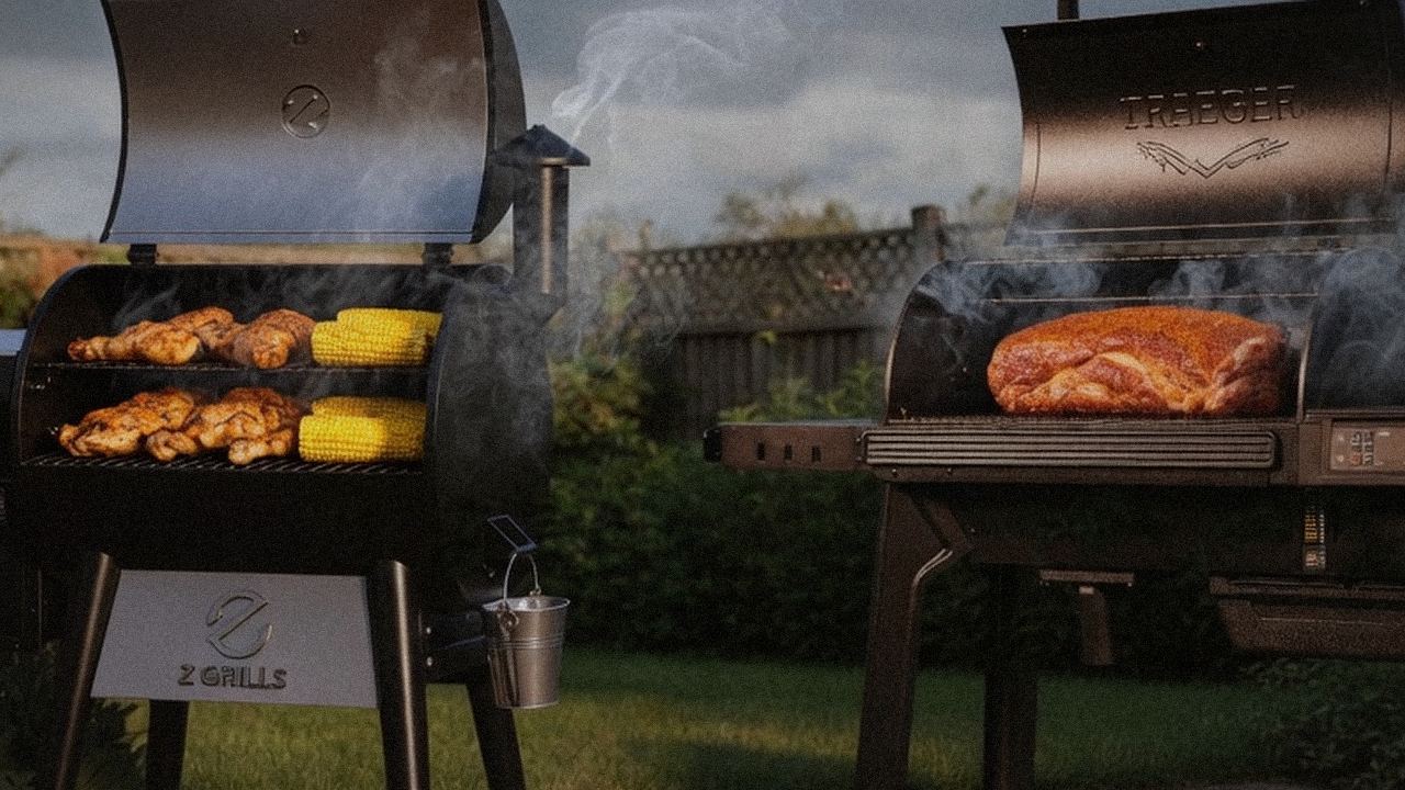 Z Grills 700 Series versus Traeger Woodridge Pro on a dusk patio
