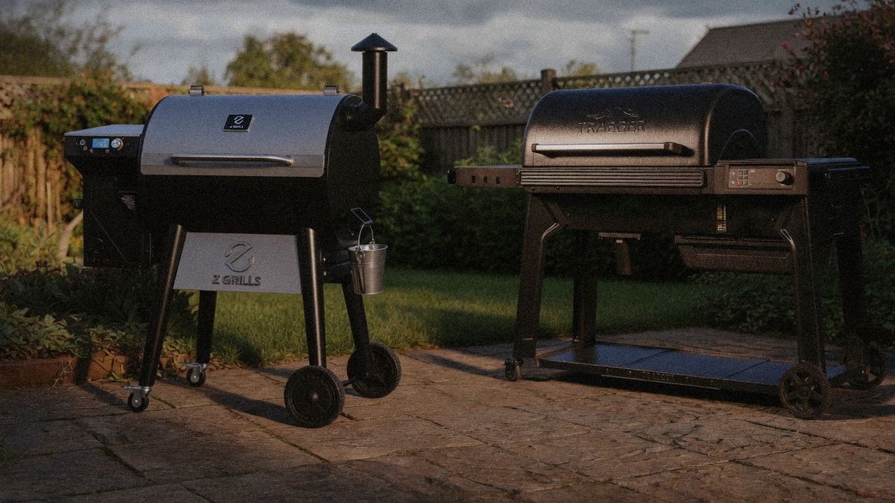 Z Grills 700 Series versus Traeger Woodridge Pro on a dusk patio