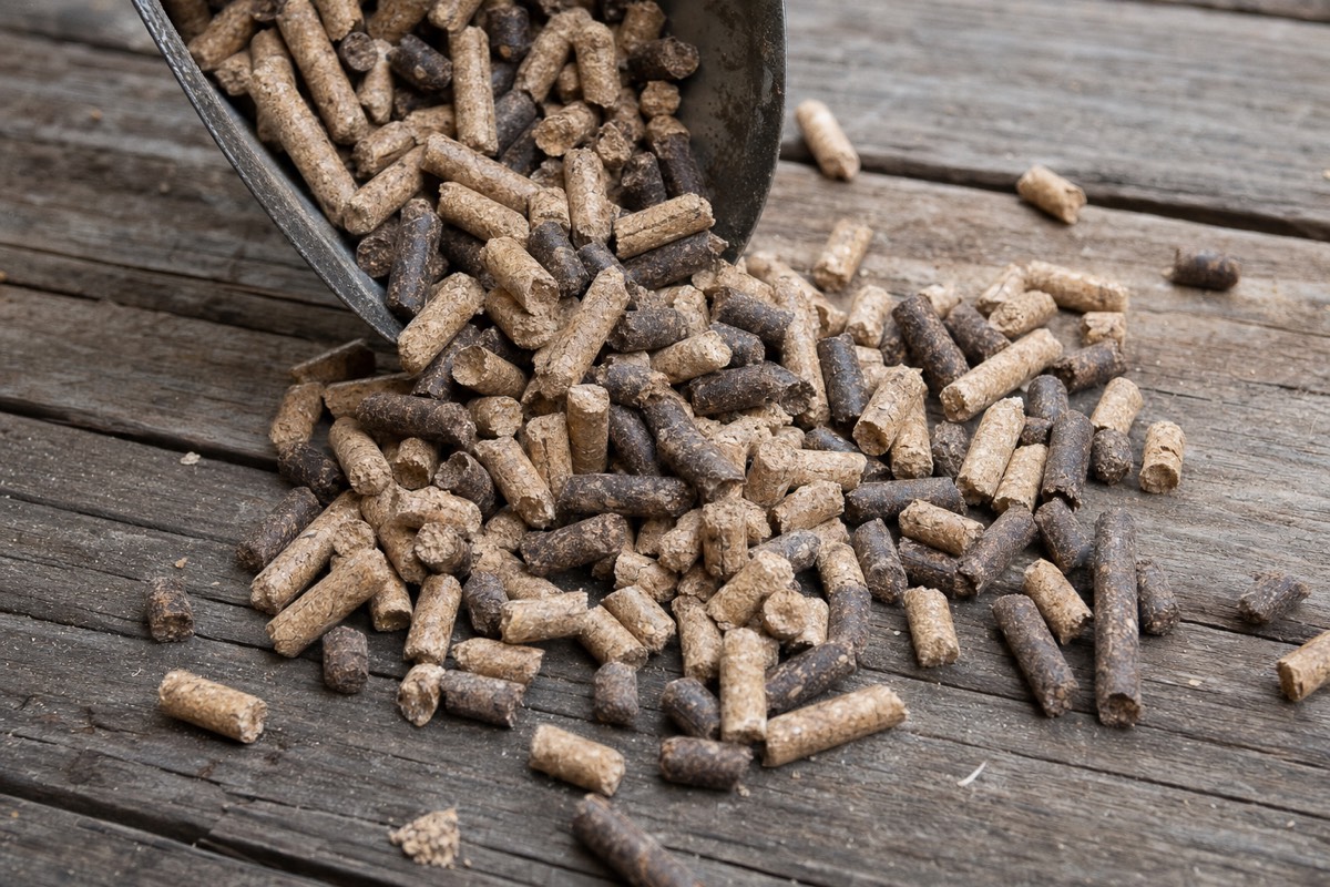 Hardwood barbecue pellets spilling from a metal scoop